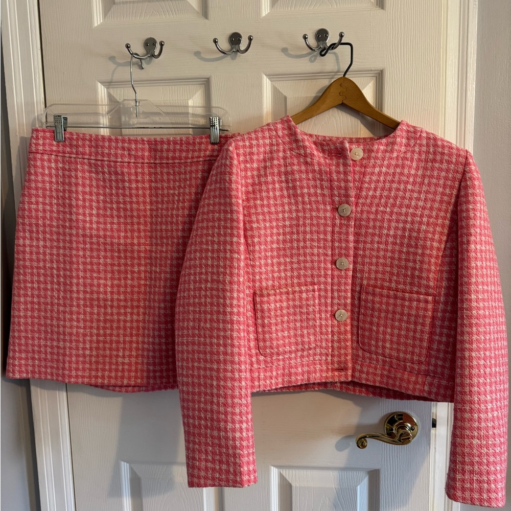 J. Crew Pink Houndstooth Blazer and Skirt Set